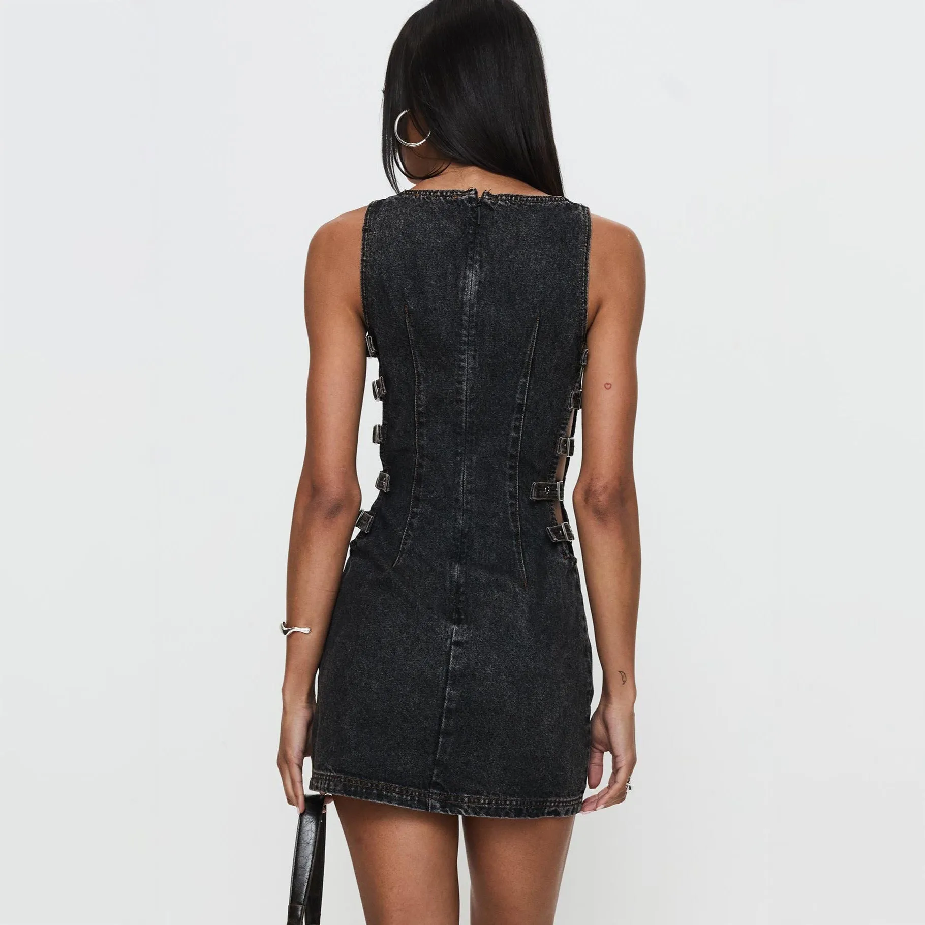 2025 2025n slim-fit deconstruction design hollow dress autumn and winter fashion sexy side webbing denim dress Spice girl