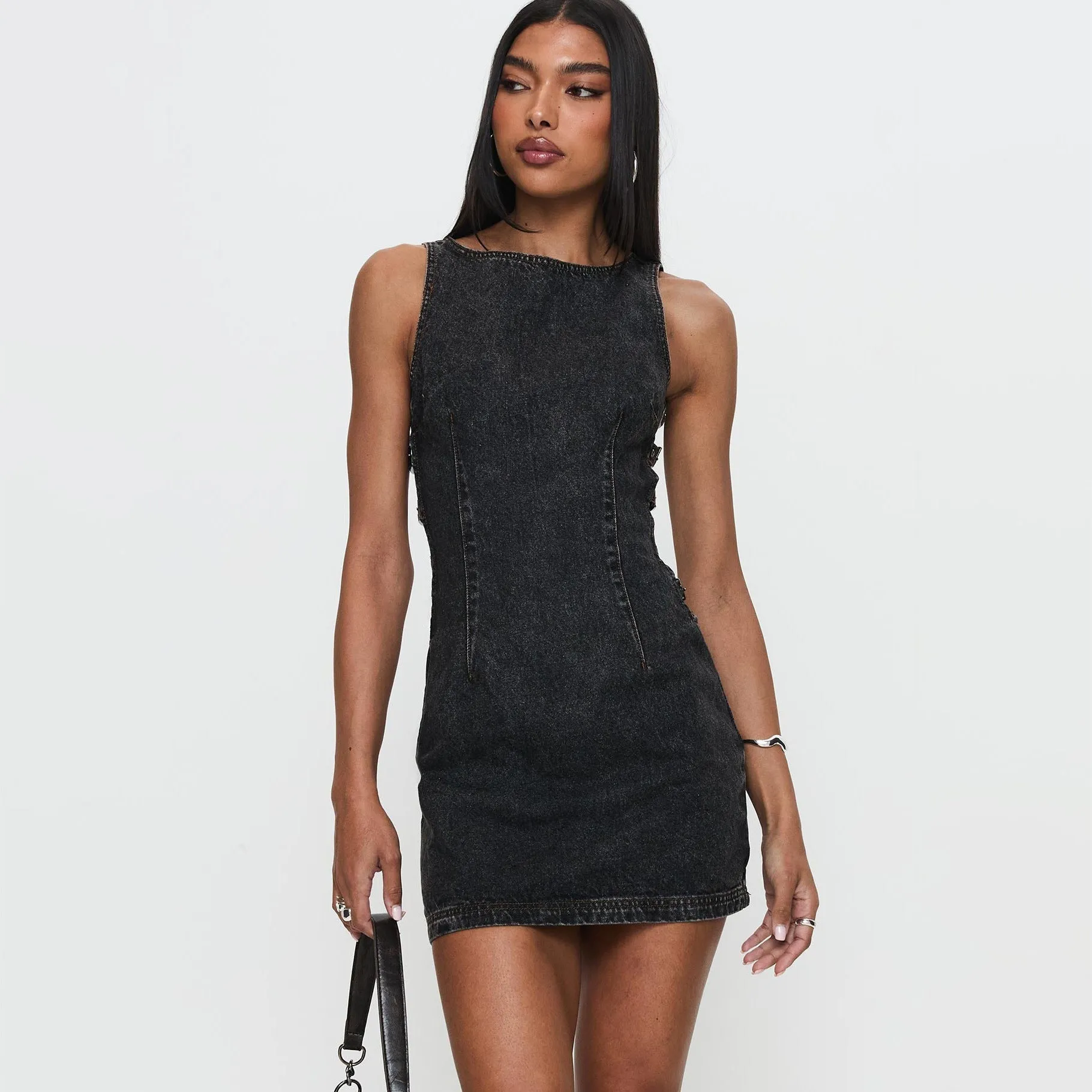 2025 2025n slim-fit deconstruction design hollow dress autumn and winter fashion sexy side webbing denim dress Spice girl