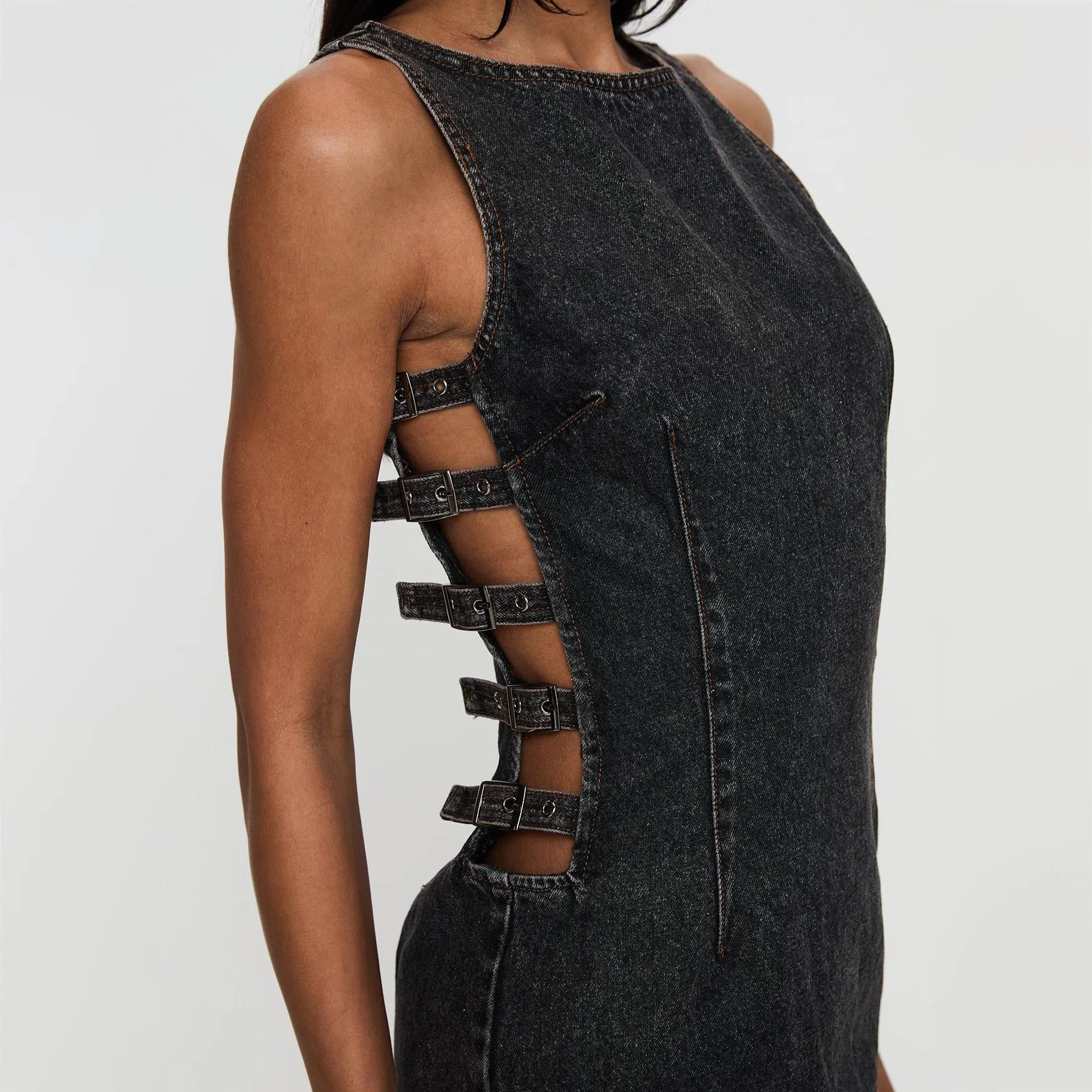 2025 2025n slim-fit deconstruction design hollow dress autumn and winter fashion sexy side webbing denim dress Spice girl