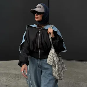 2025 2025n street design contrasting color denim splicing jacket autumn and winter loose spice girl fashion jacket late autumn women's Popular trade