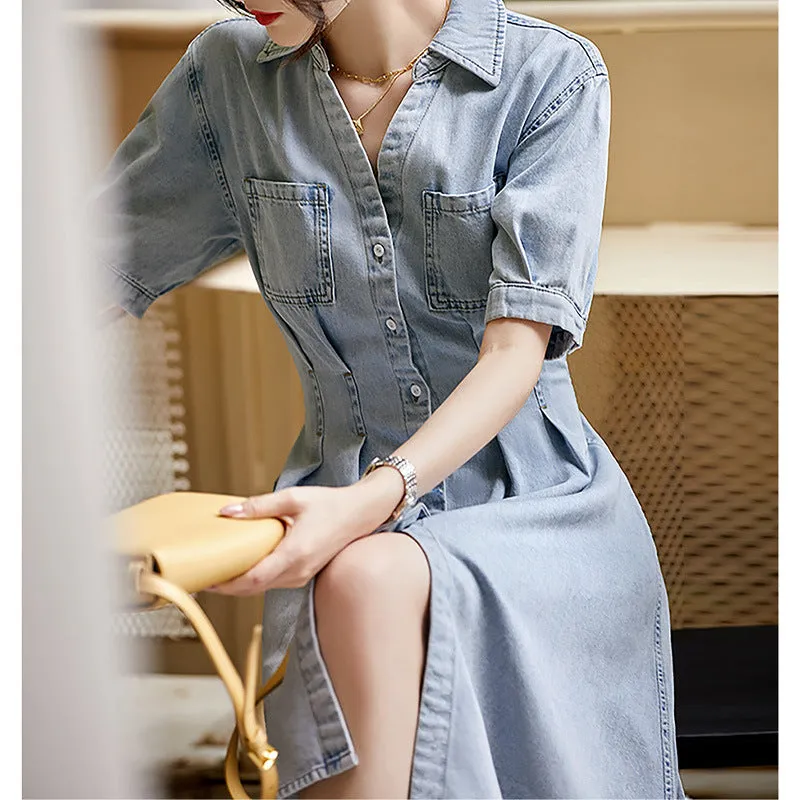 2025 Denim dress, high-end shirt skirt, slim   women's clothing new medium and long short-sleeved skirt summer