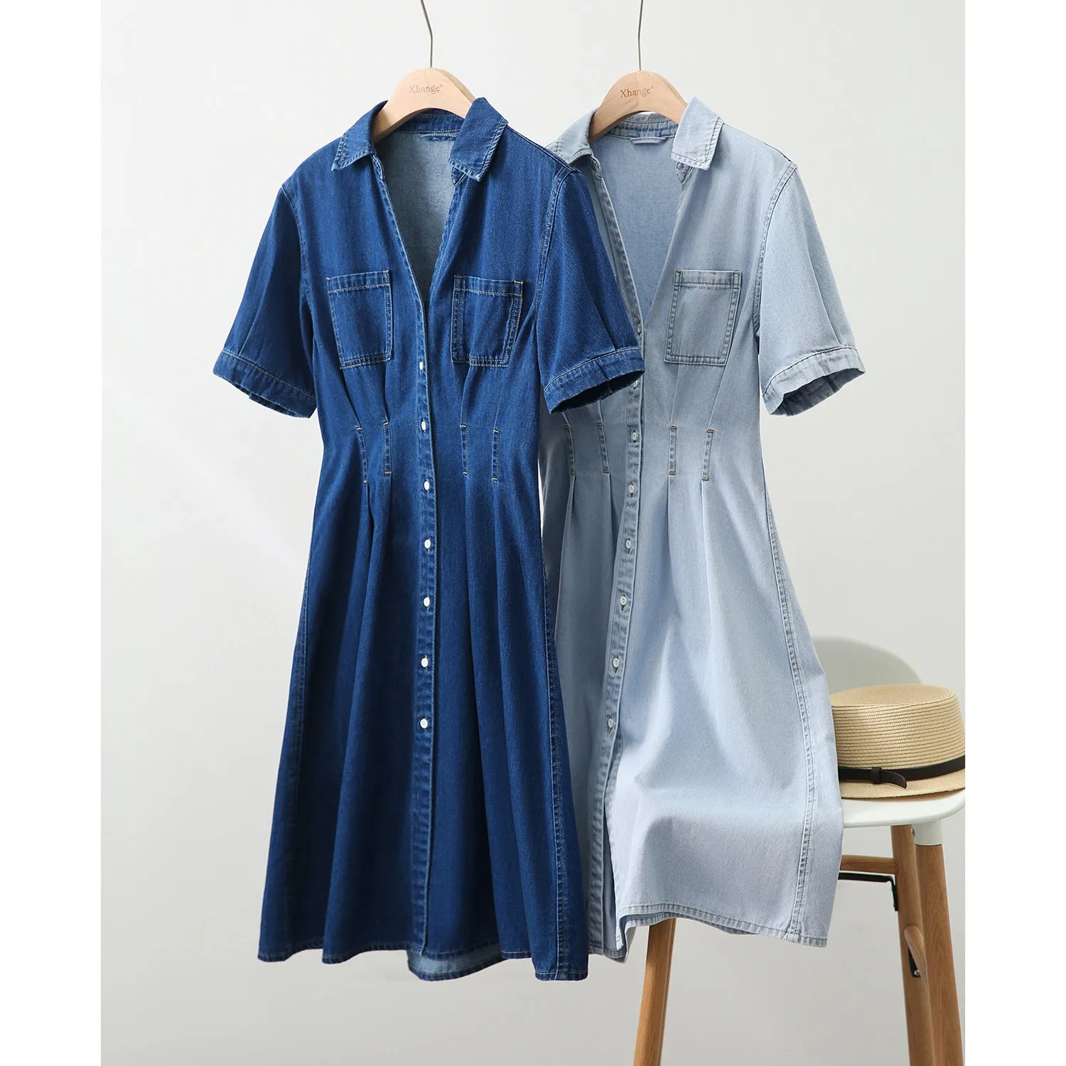 2025 Denim dress, high-end shirt skirt, slim   women's clothing new medium and long short-sleeved skirt summer