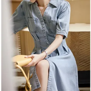 2025 Denim dress, high-end shirt skirt, slim   women's clothing new medium and long short-sleeved skirt summer