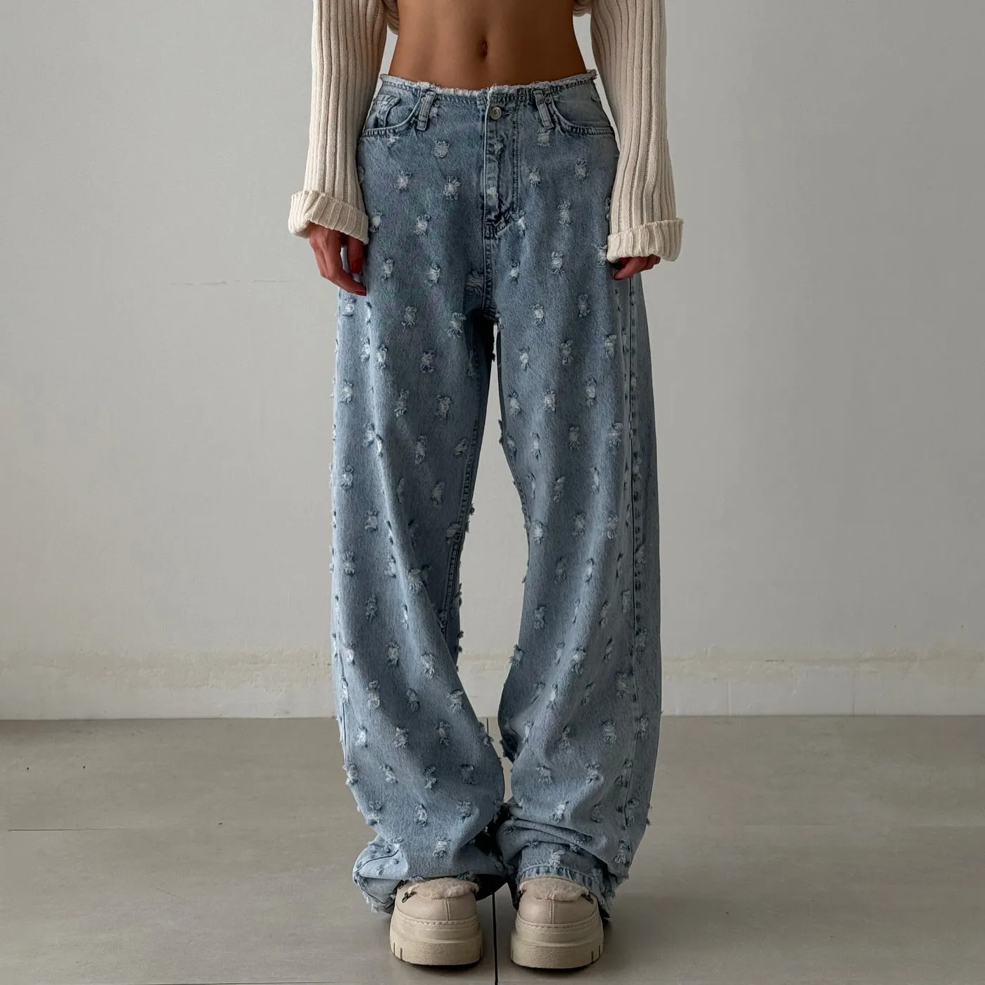 2025 Hot trade 2025n tattered wind retro cut straight jeans autumn and winter loose rough pants children's denim senior sense