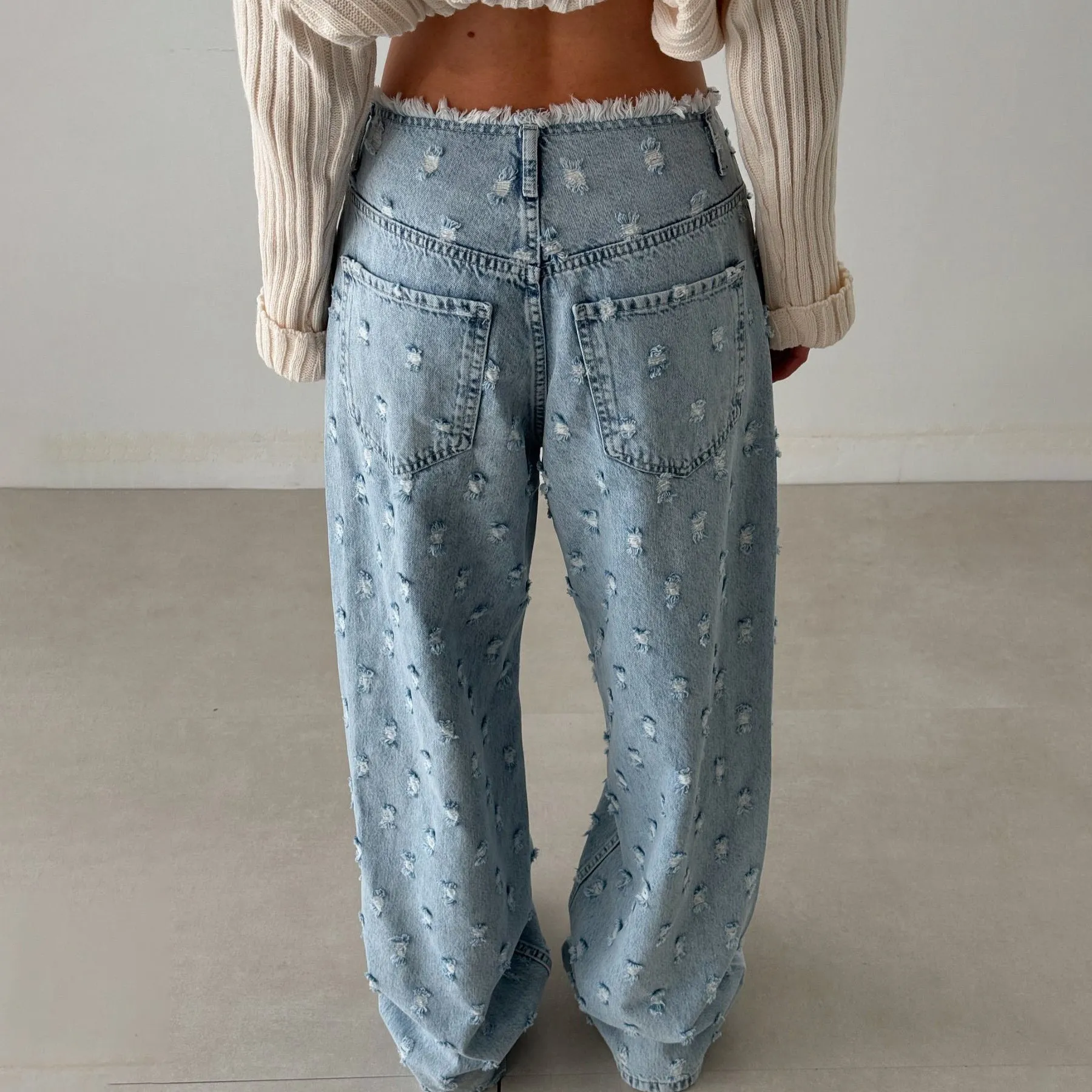 2025 Hot trade 2025n tattered wind retro cut straight jeans autumn and winter loose rough pants children's denim senior sense