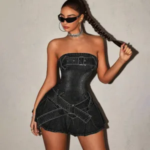 2025 senior sexy style Spice girl tube top metal buckle waist denim skirt trendy high street pleated short skirt fashion women