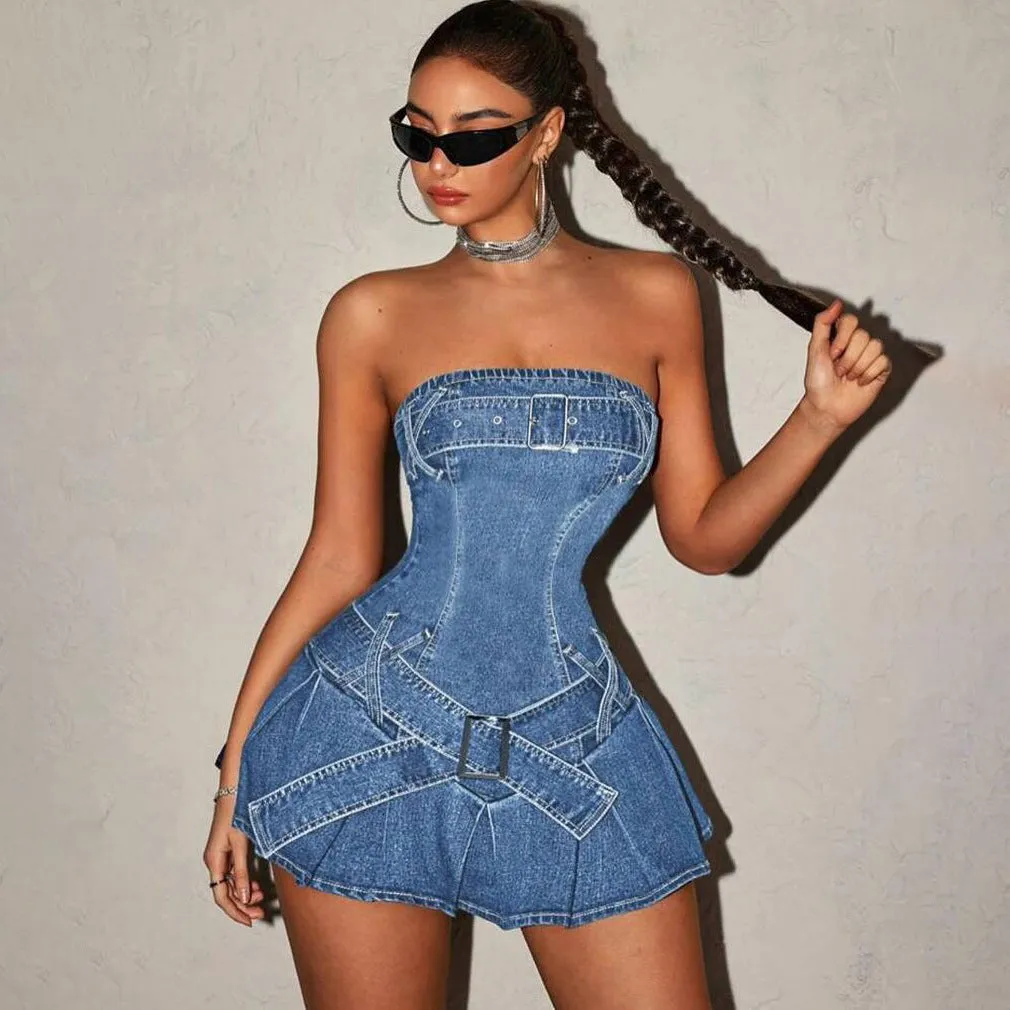 2025 senior sexy style Spice girl tube top metal buckle waist denim skirt trendy high street pleated short skirt fashion women