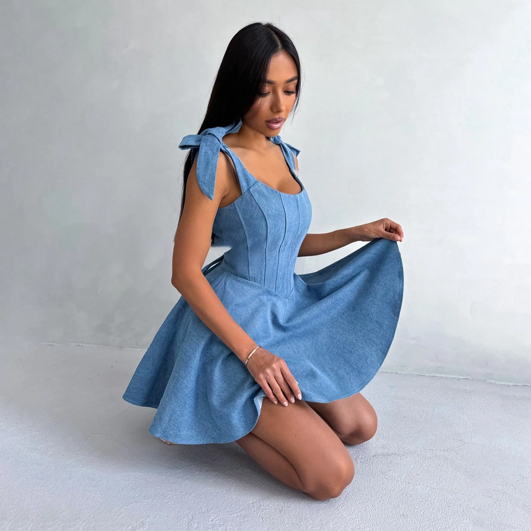 2025 sexy babes square neck fishbone waist dress women's autumn and winter new street style lace-up denim dress