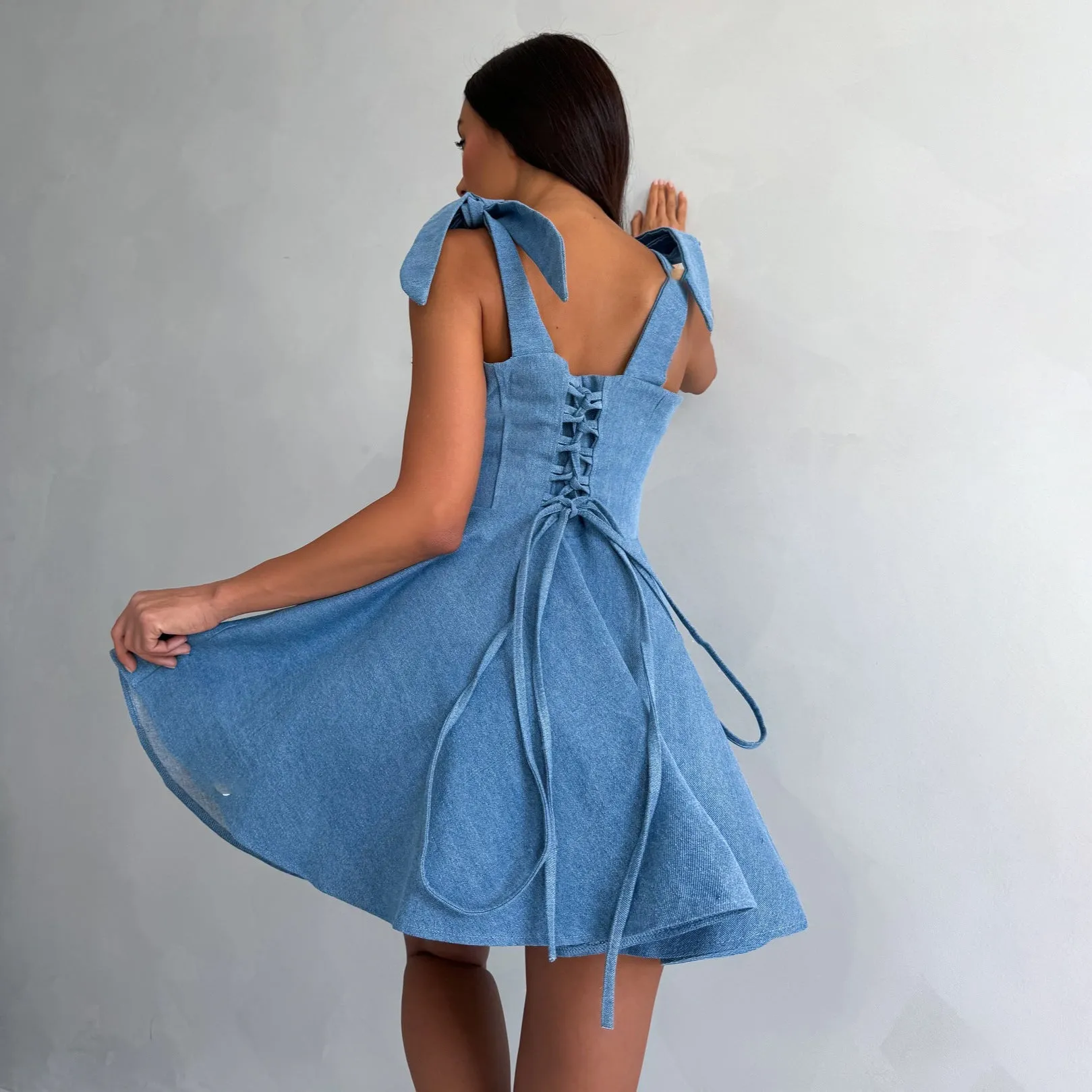2025 sexy babes square neck fishbone waist dress women's autumn and winter new street style lace-up denim dress