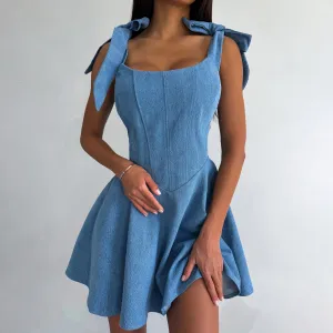 2025 sexy babes square neck fishbone waist dress women's autumn and winter new street style lace-up denim dress