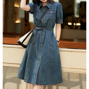 2025 Skin-friendly cotton denim shirt long dress, high-end bubble sleeve dress  women's new skirt summer short sleeve