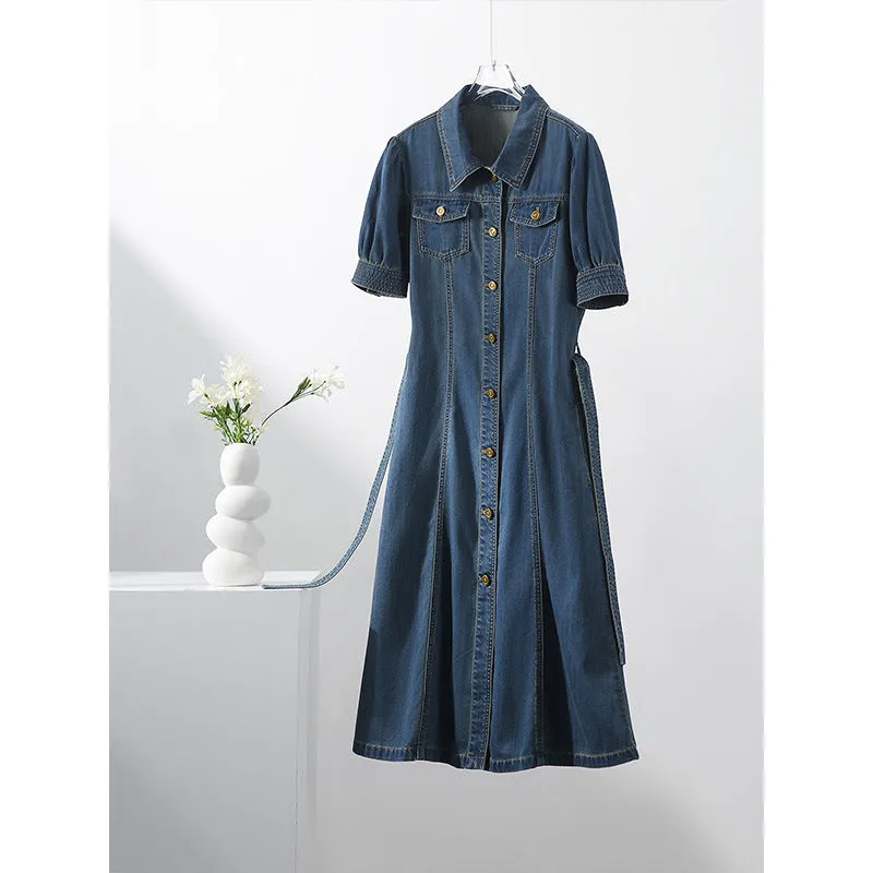2025 Skin-friendly cotton denim shirt long dress, high-end bubble sleeve dress  women's new skirt summer short sleeve