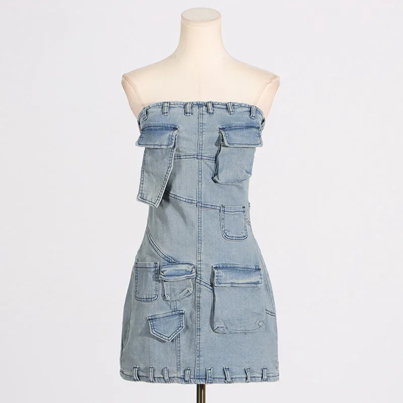 2025 spring and summer new fashion personality trend multi-pocket splicing design sense denim tube top dress women