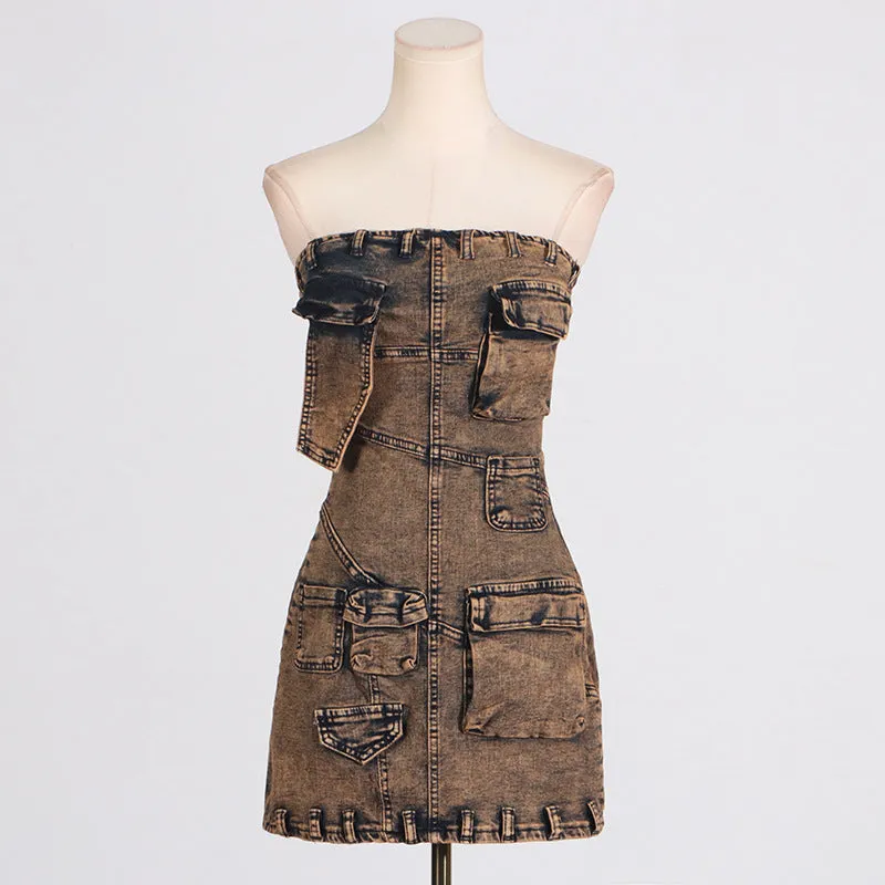 2025 spring and summer new fashion personality trend multi-pocket splicing design sense denim tube top dress women