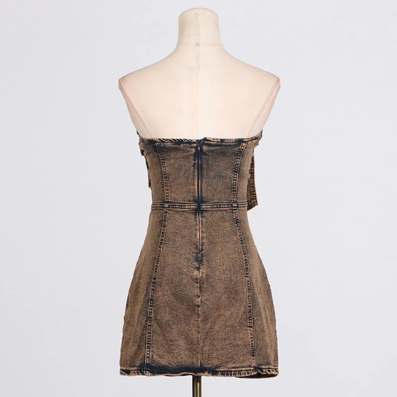 2025 spring and summer new fashion personality trend multi-pocket splicing design sense denim tube top dress women