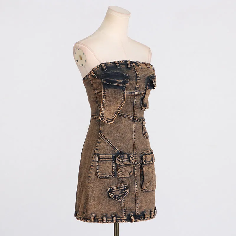 2025 spring and summer new fashion personality trend multi-pocket splicing design sense denim tube top dress women