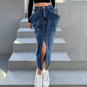 2025 spring new  style irregular washed denim skirt exaggerated large pocket split skirt wholesale