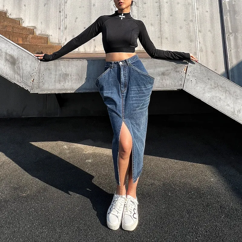2025 spring new  style irregular washed denim skirt exaggerated large pocket split skirt wholesale