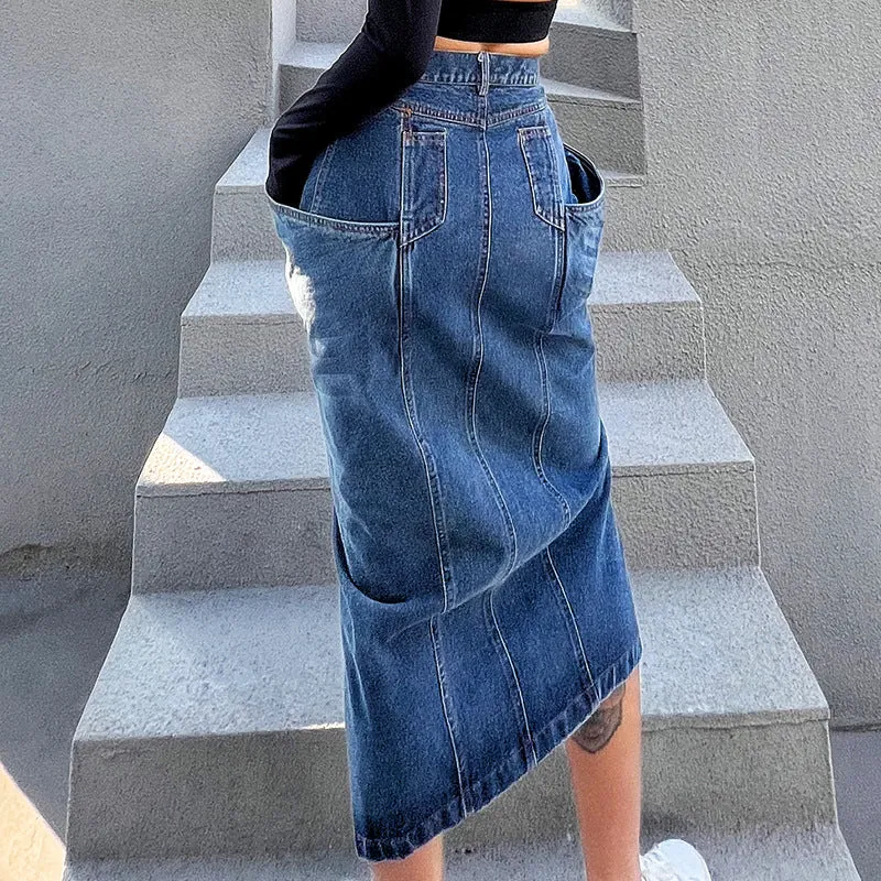 2025 spring new  style irregular washed denim skirt exaggerated large pocket split skirt wholesale