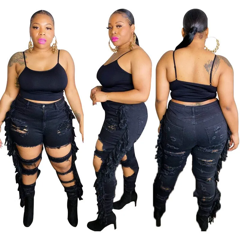 Adogirl Side Tassel Holes Jeans Pencil Pants Women Sexy Distressed Hollow Out Tight Denim Trousers Fashion Streetwear