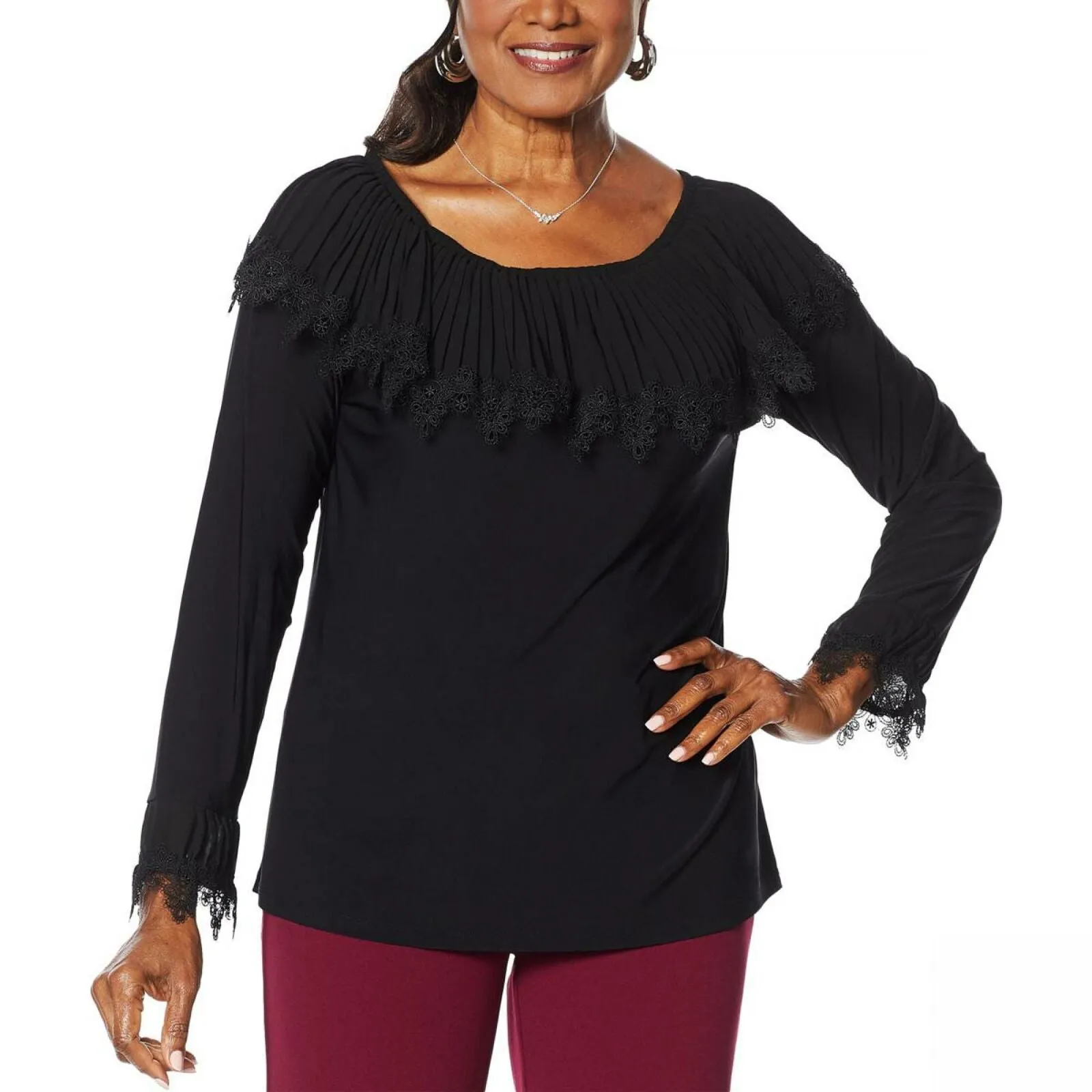 Antthony Women's Pleated Ruffle Long Sleeve Top