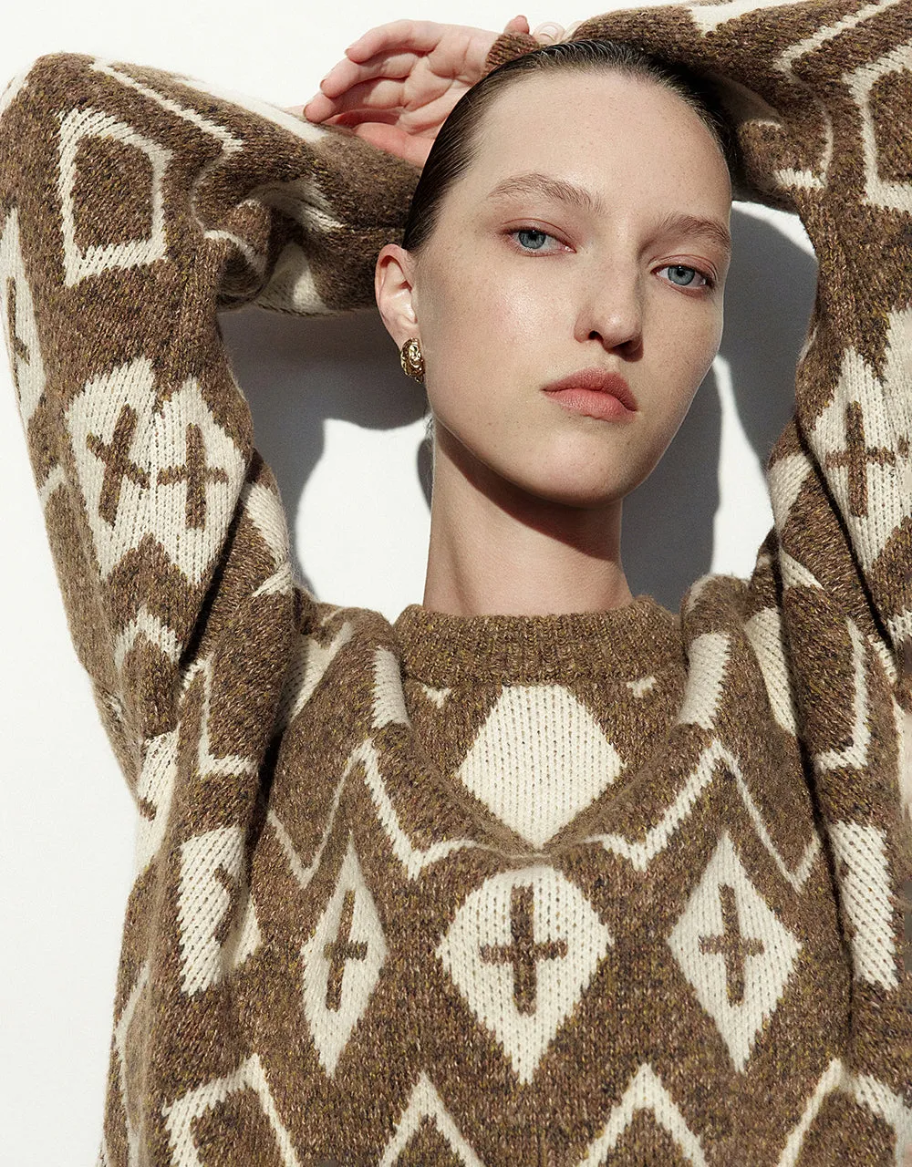 Argyle Pattern Crew Neck Knitted T-Shirt