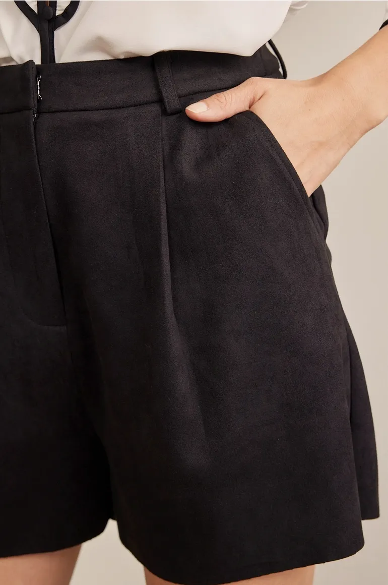 Black Faux Suede Pleated Shorts