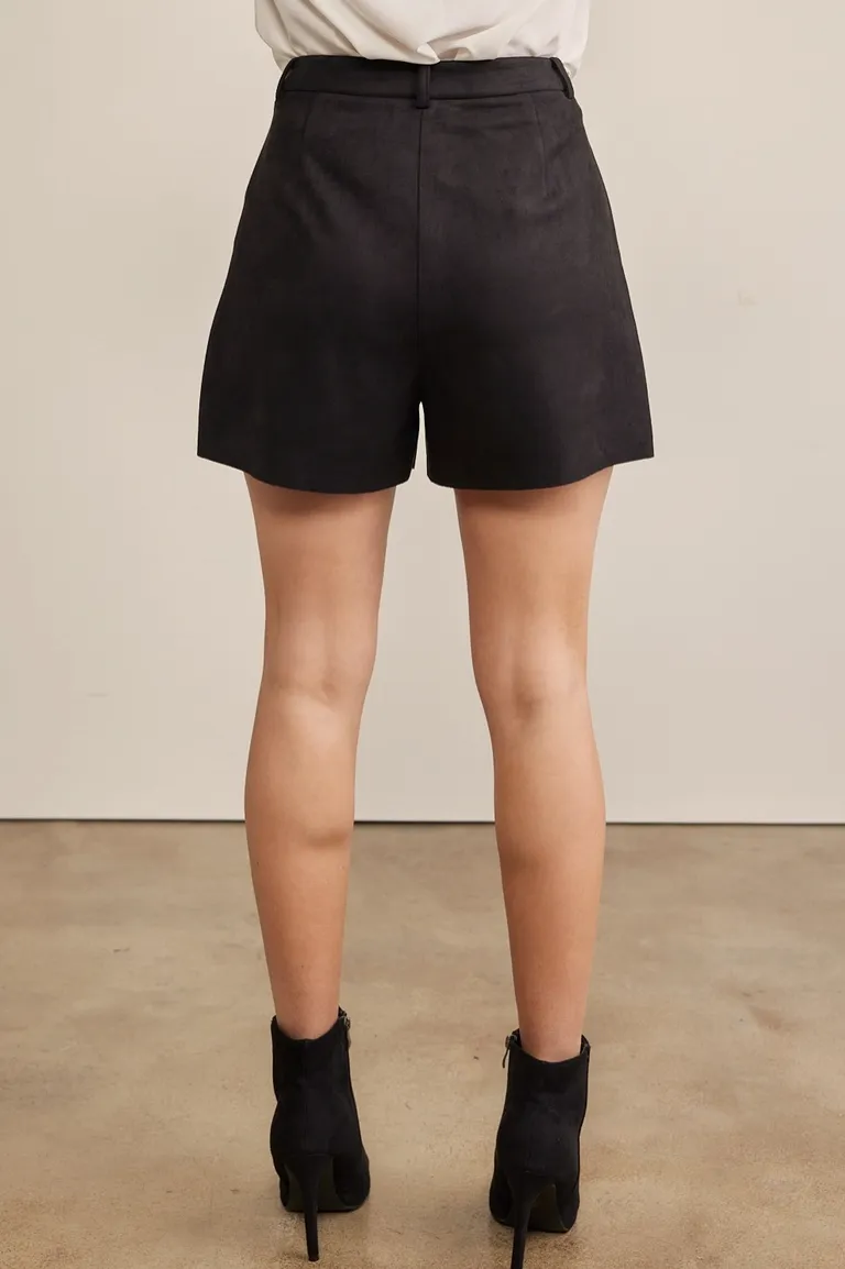 Black Faux Suede Pleated Shorts