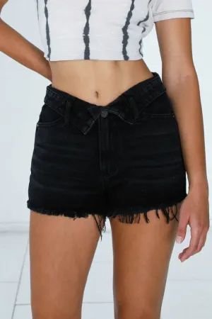 Black Mid Rise Frayed Denim Shorts