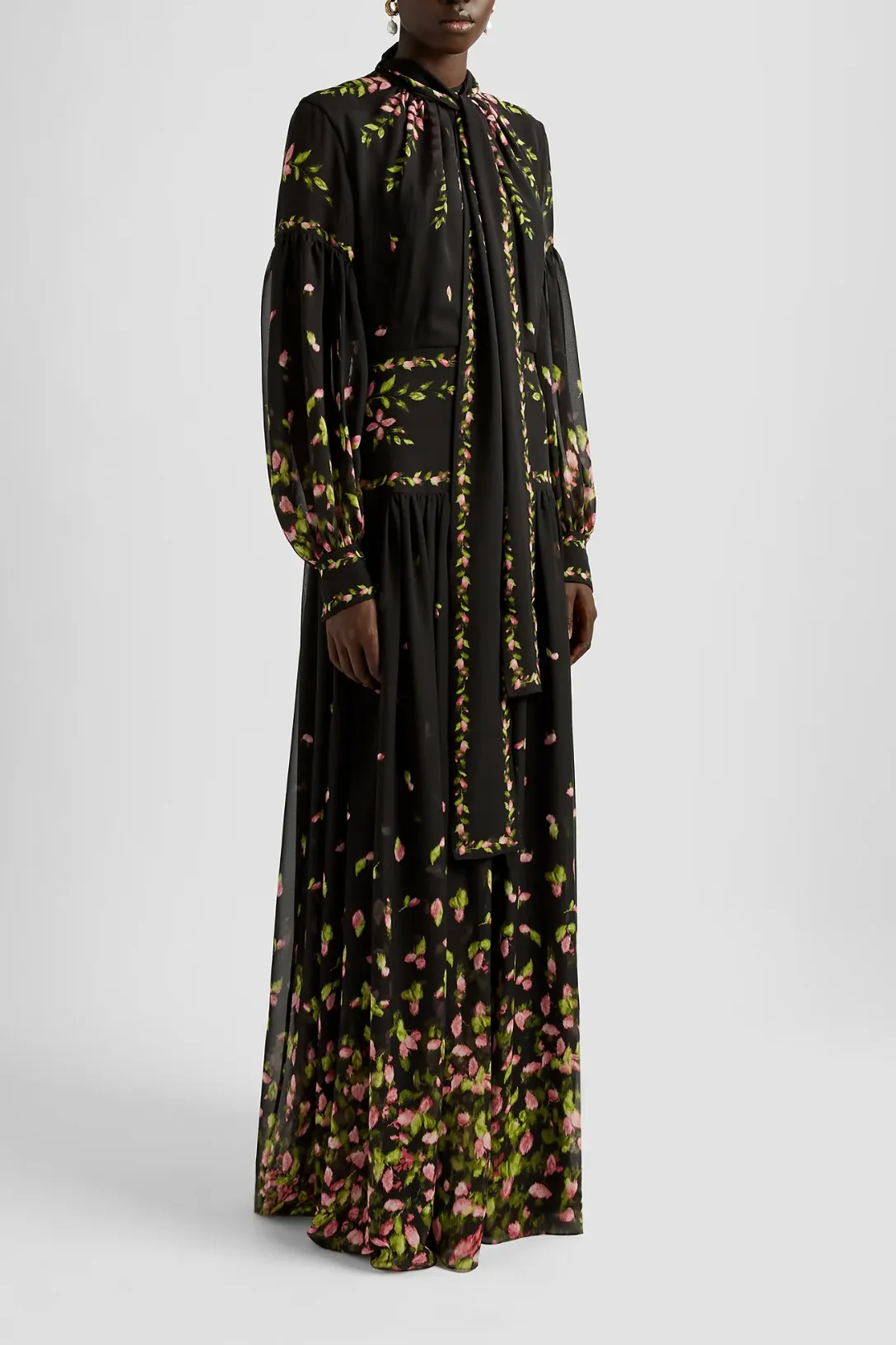 Blouson Sleeve With Neck Tie Gown | Black