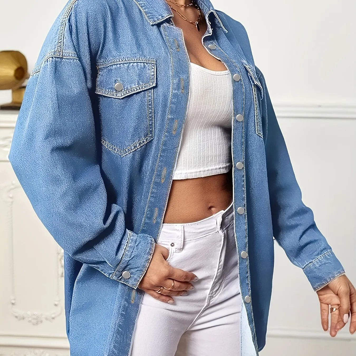 Blue Long Sleeves Denim Coats, Single-Breasted Button Flap Pockets Loose Fit Lapel Denim Jackets, Women's Denim Clothing