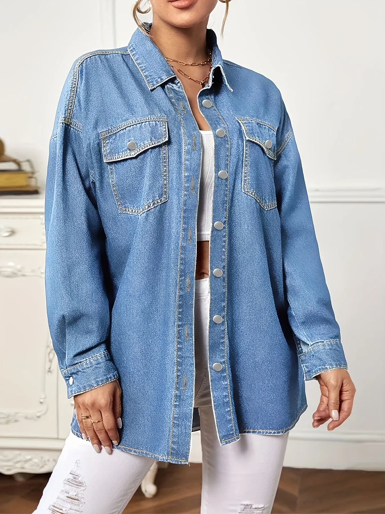 Blue Long Sleeves Denim Coats, Single-Breasted Button Flap Pockets Loose Fit Lapel Denim Jackets, Women's Denim Clothing