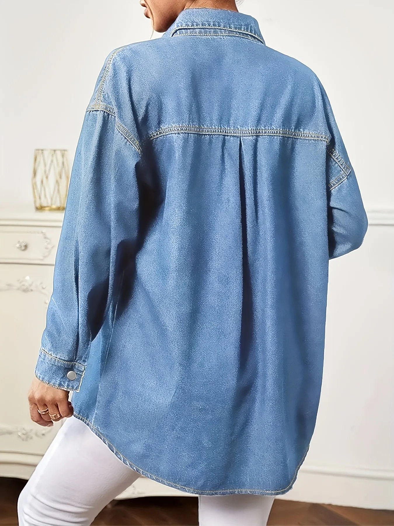 Blue Long Sleeves Denim Coats, Single-Breasted Button Flap Pockets Loose Fit Lapel Denim Jackets, Women's Denim Clothing