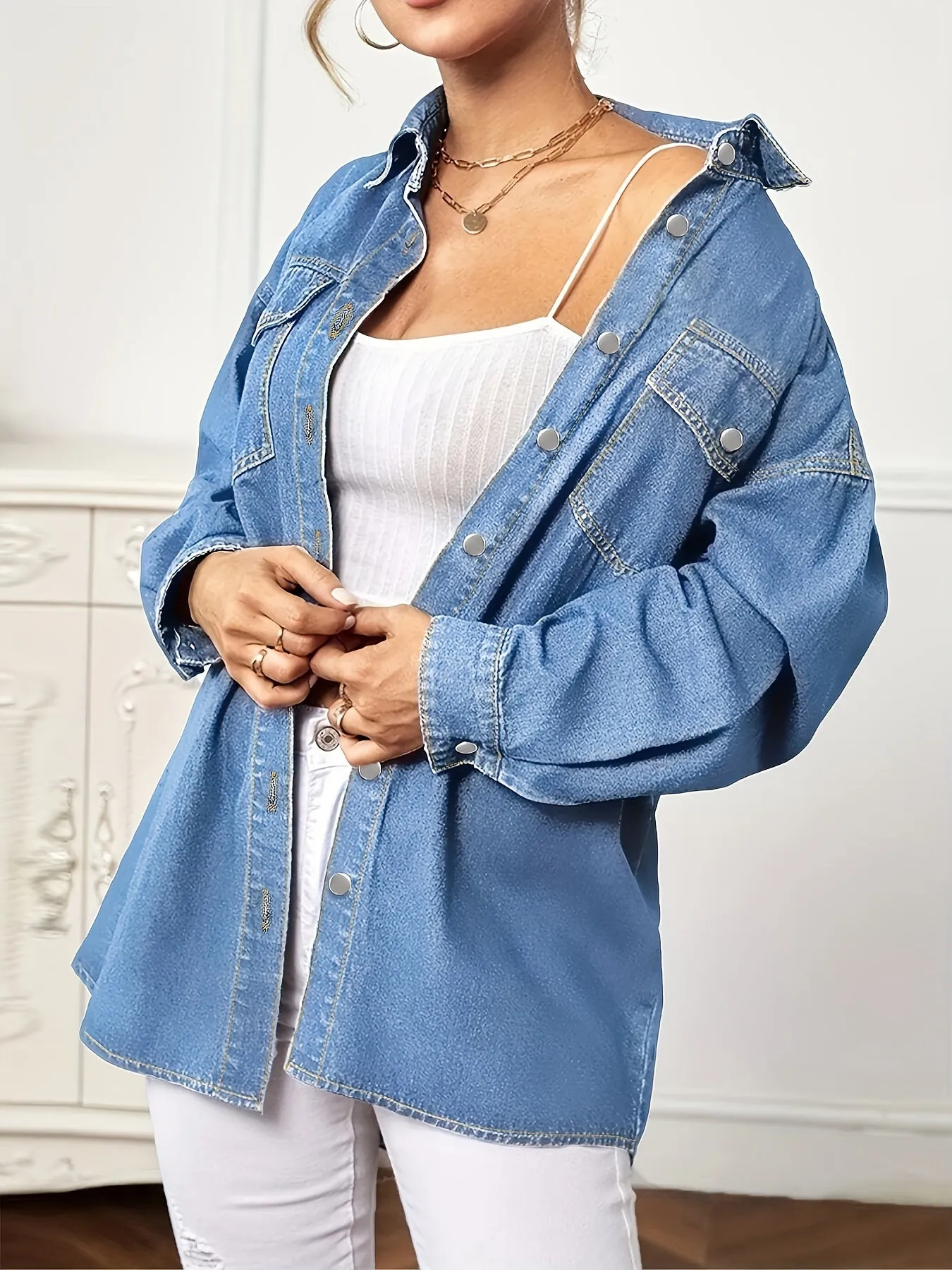 Blue Long Sleeves Denim Coats, Single-Breasted Button Flap Pockets Loose Fit Lapel Denim Jackets, Women's Denim Clothing