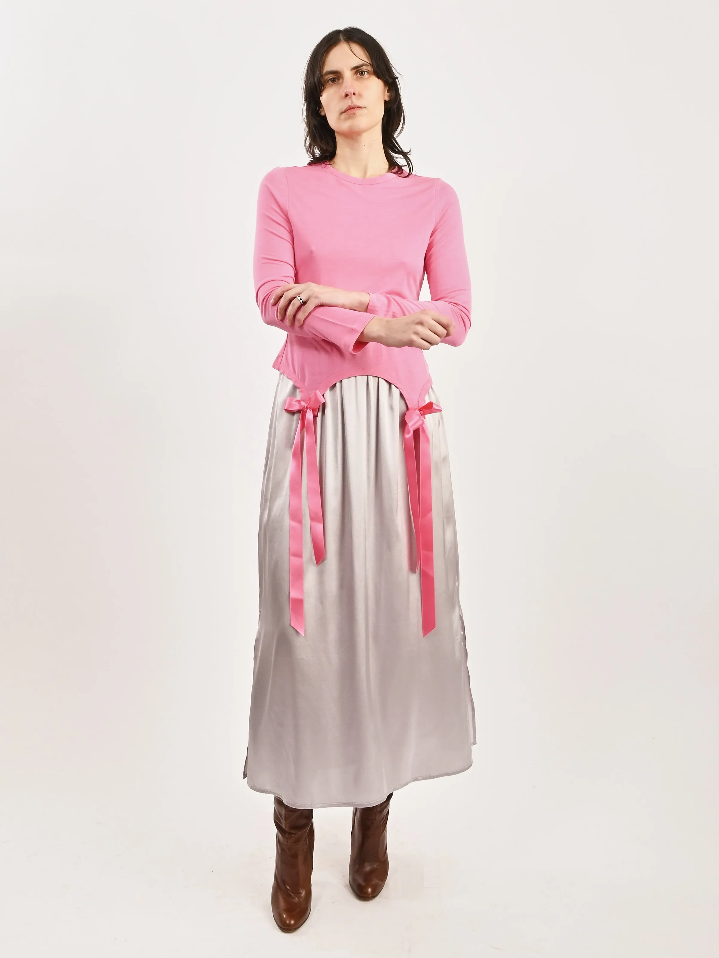 Bright Pink Easy L/S T-Shirt W/Bow Tails