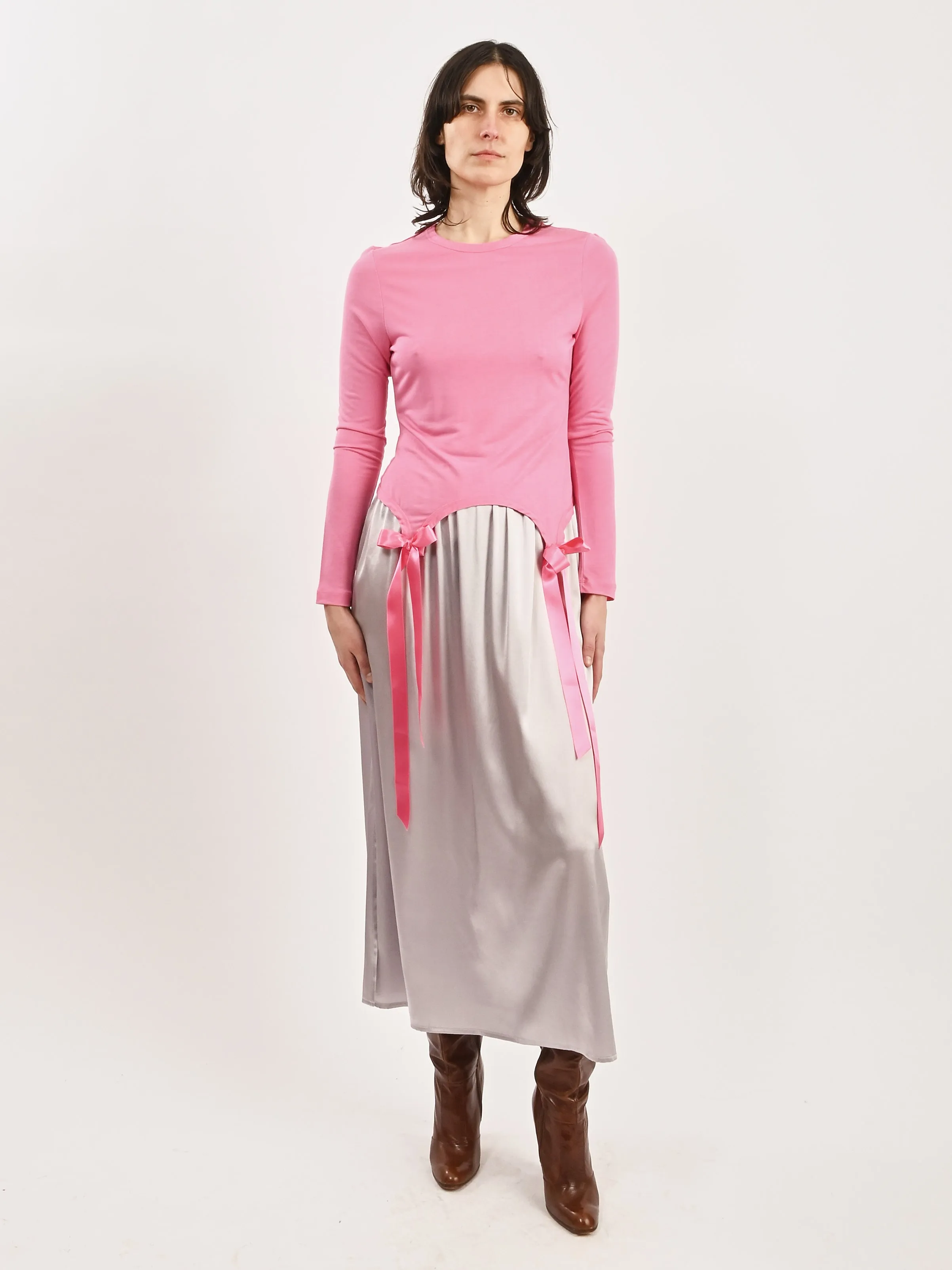 Bright Pink Easy L/S T-Shirt W/Bow Tails