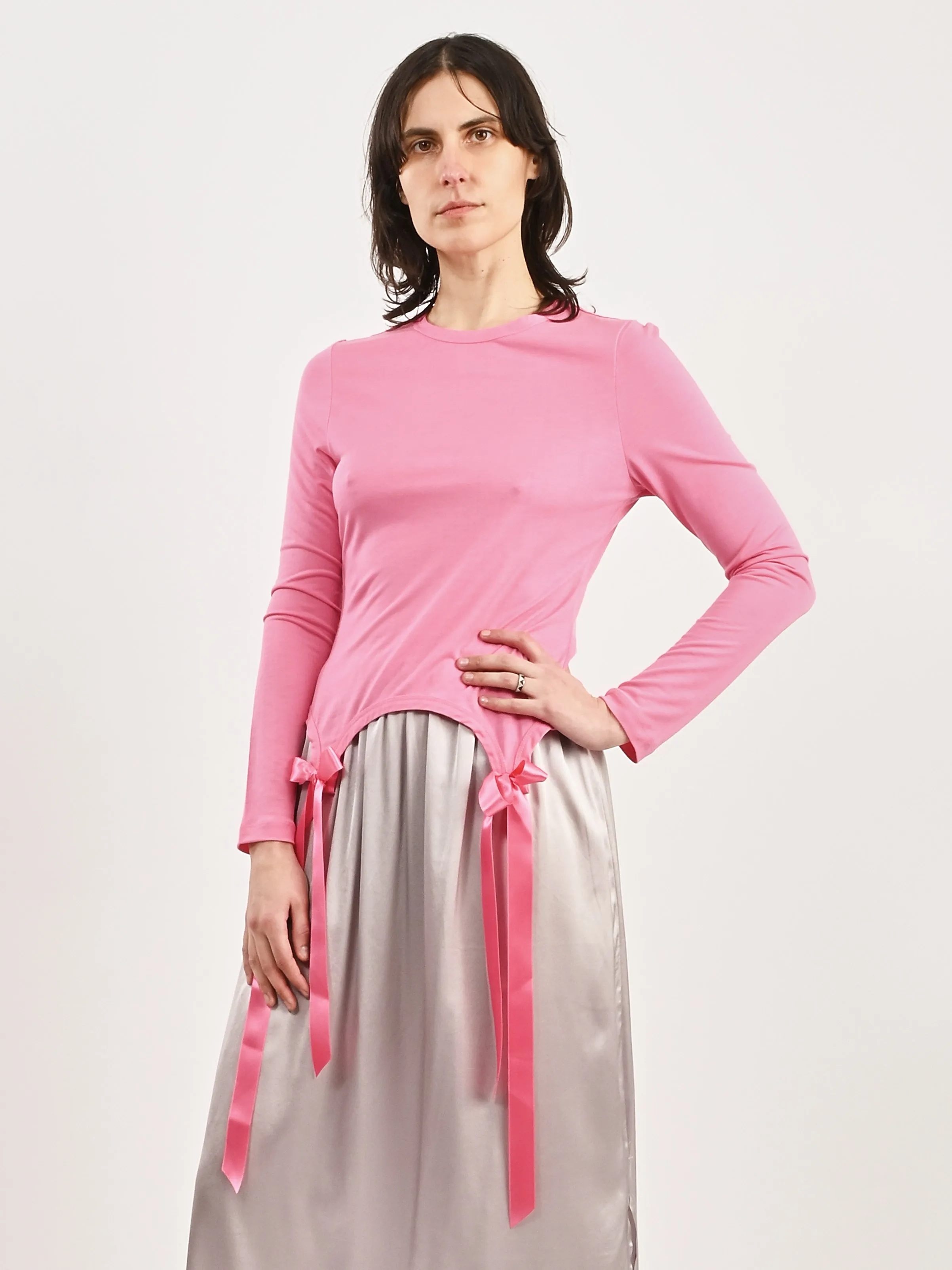 Bright Pink Easy L/S T-Shirt W/Bow Tails