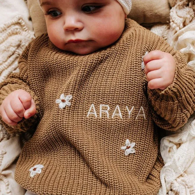 Brown Personalised Floral Knitted Jumper