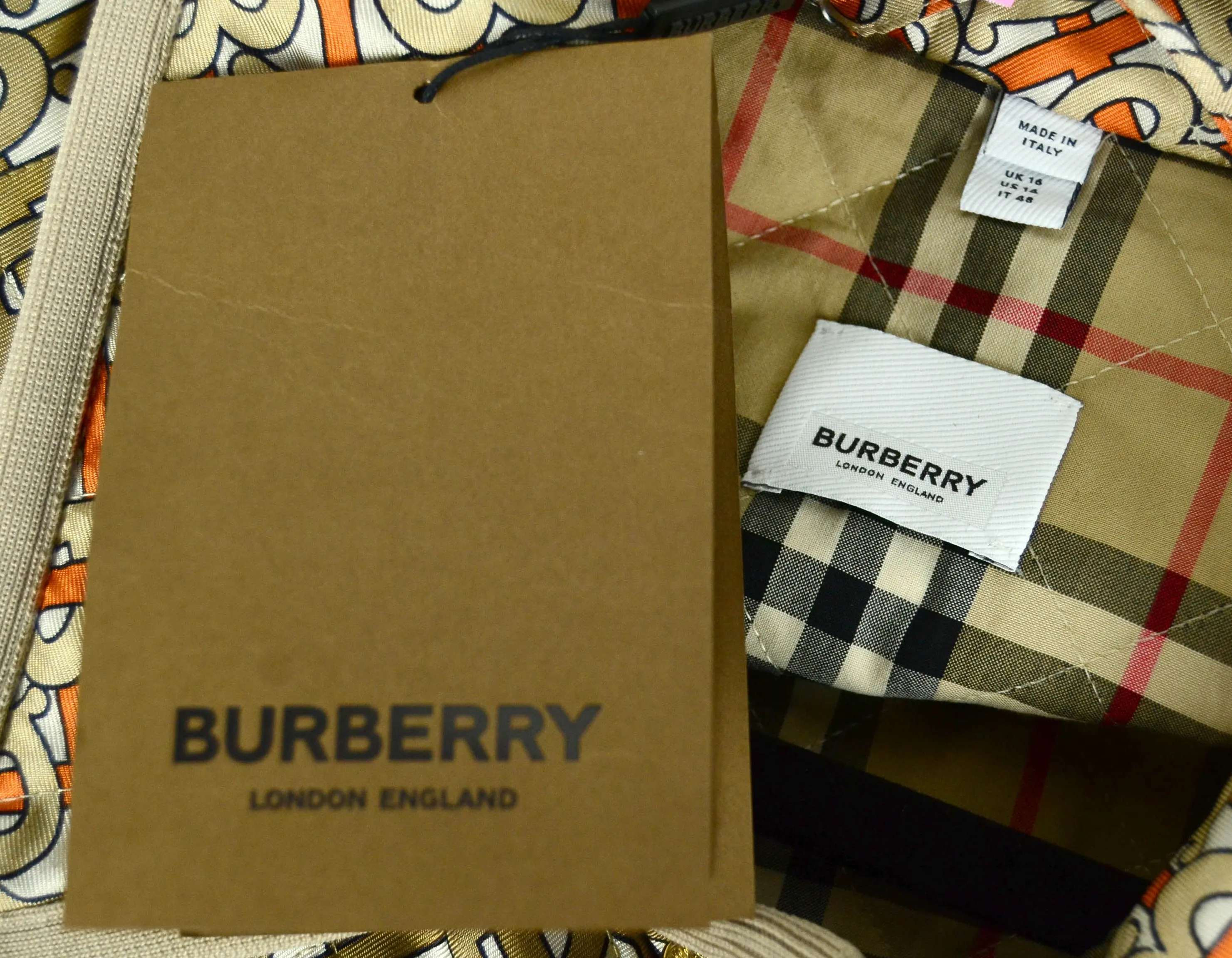 Burberry NWT Natural Monogram-Print Quilted Silk Jacket sz 14