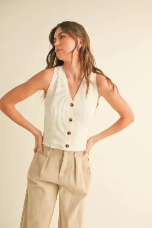 BUTTON DOWN RIBBED V NECK TOP