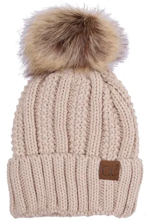 C.C Knit Beanie With Fuzzy Lining and Pom Winter Hat