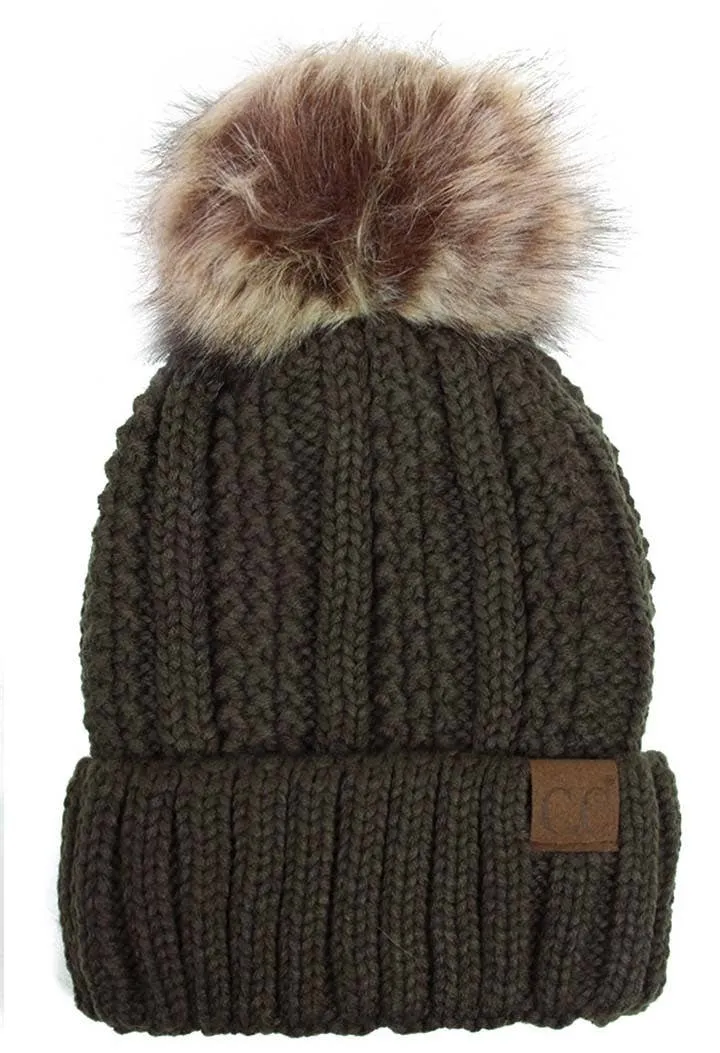 C.C Knit Beanie With Fuzzy Lining and Pom Winter Hat