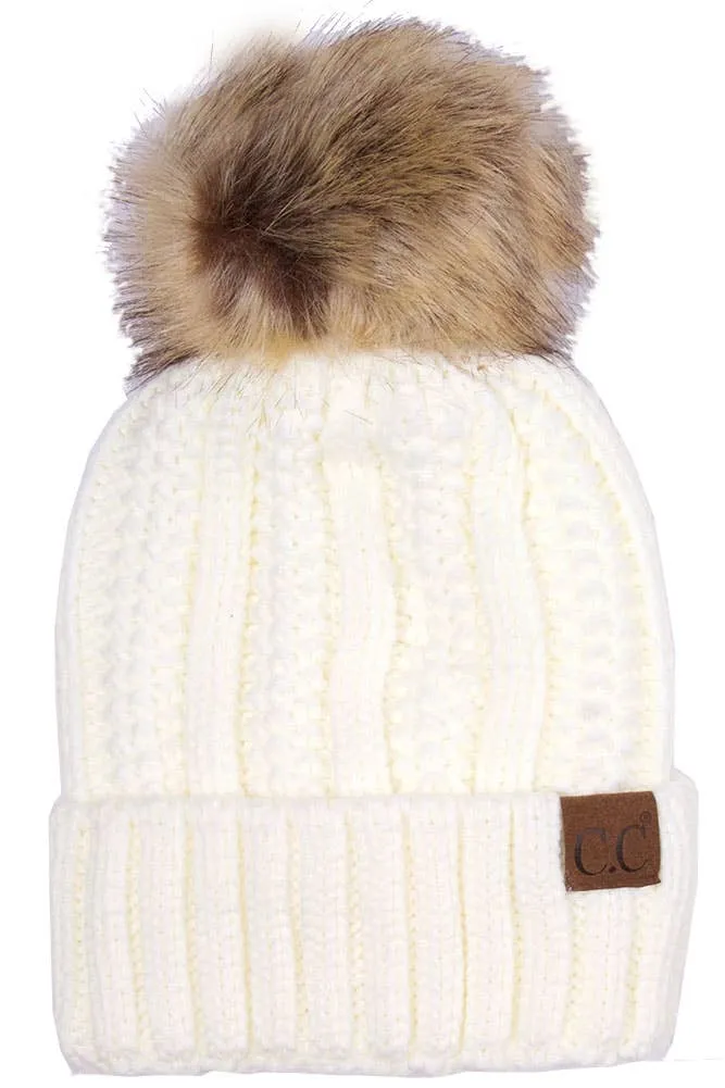 C.C Knit Beanie With Fuzzy Lining and Pom Winter Hat