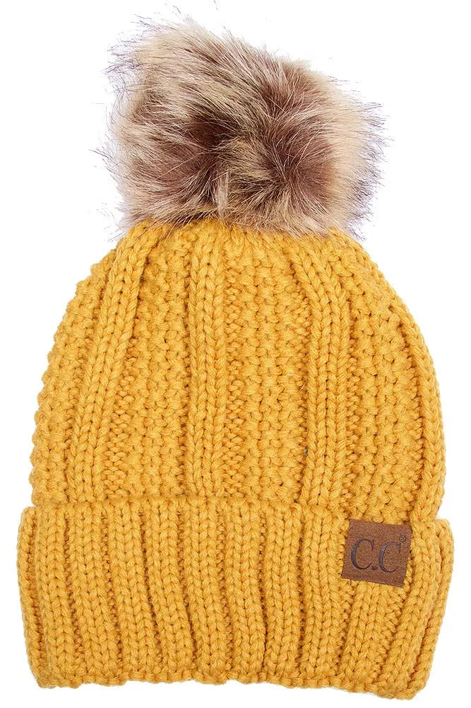 C.C Knit Beanie With Fuzzy Lining and Pom Winter Hat