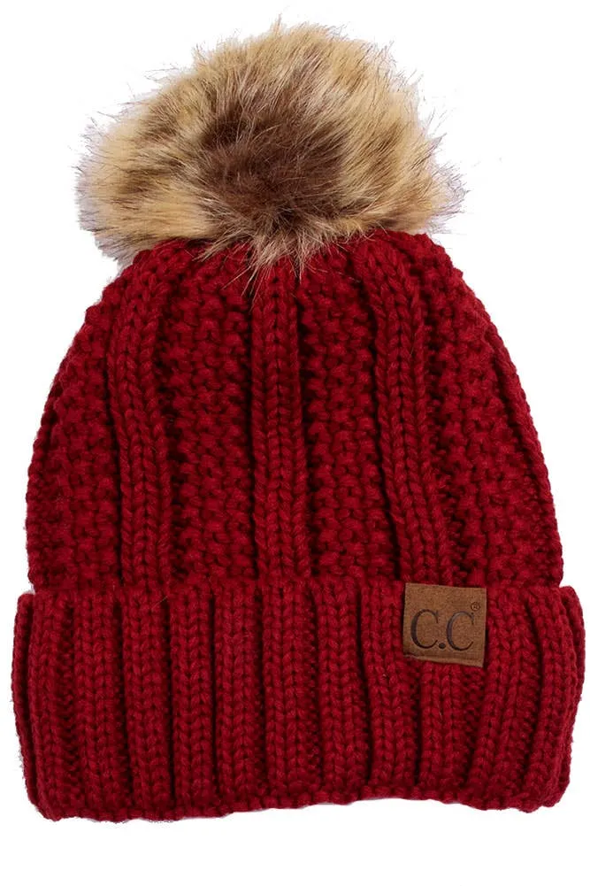 C.C Knit Beanie With Fuzzy Lining and Pom Winter Hat