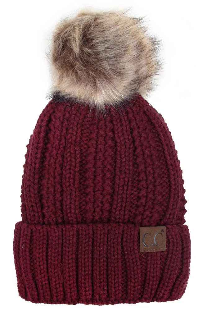 C.C Knit Beanie With Fuzzy Lining and Pom Winter Hat