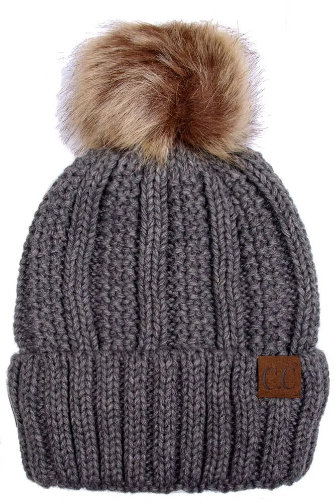 C.C Knit Beanie With Fuzzy Lining and Pom Winter Hat