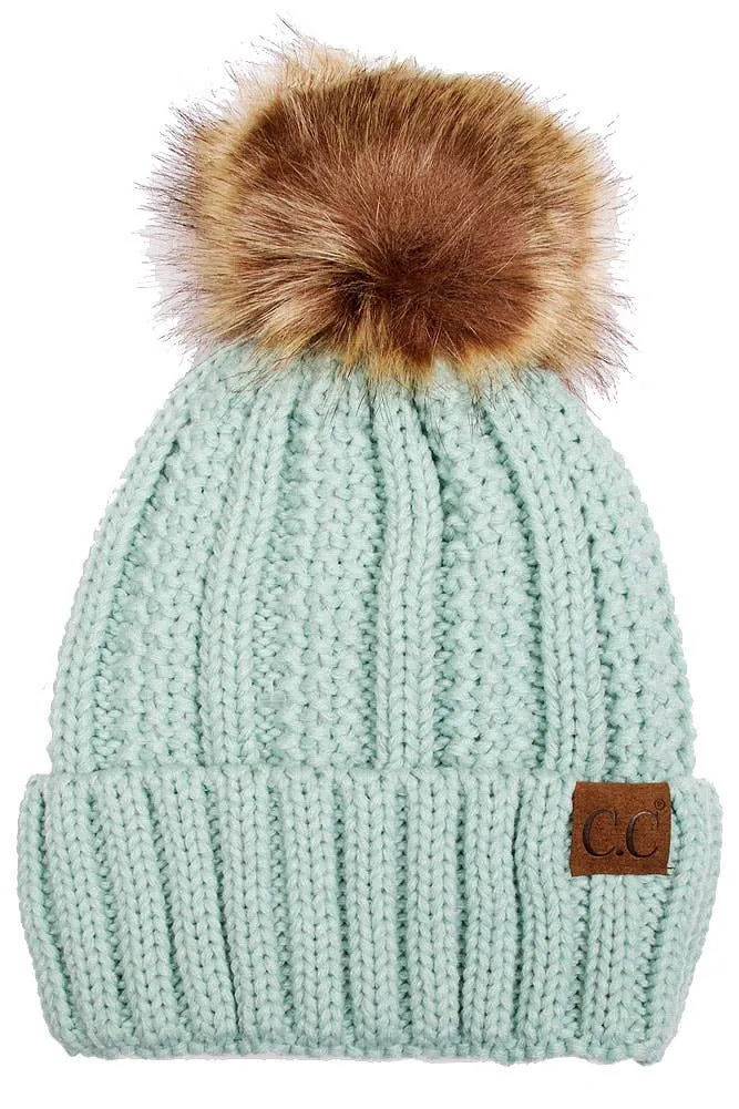 C.C Knit Beanie With Fuzzy Lining and Pom Winter Hat