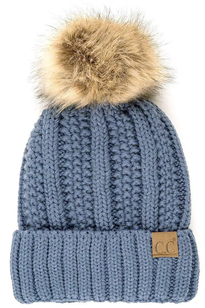 C.C Knit Beanie With Fuzzy Lining and Pom Winter Hat