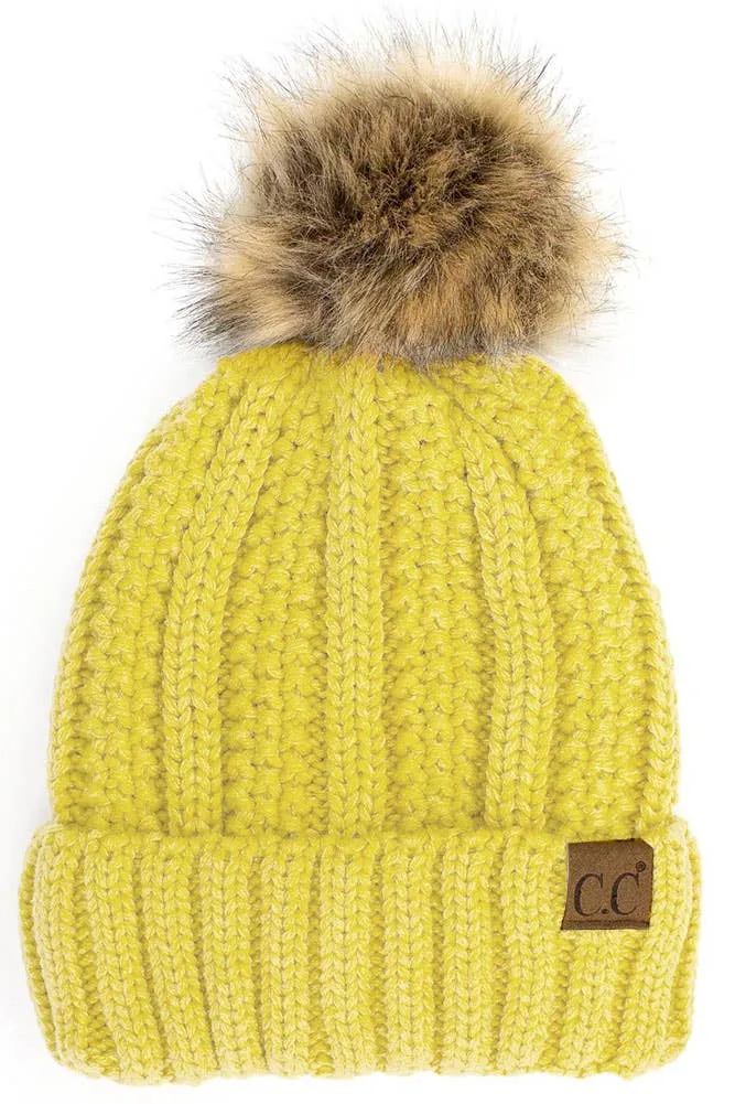 C.C Knit Beanie With Fuzzy Lining and Pom Winter Hat